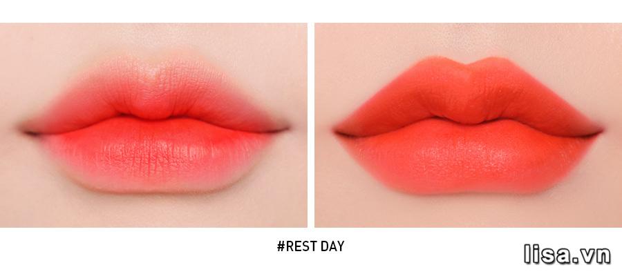 Son 3CE màu Rest Day khi đánh lòng môi và full môi