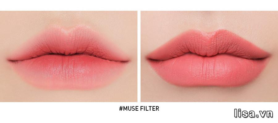Son 3CE màu Muse Filter khi đánh lòng môi và full môi