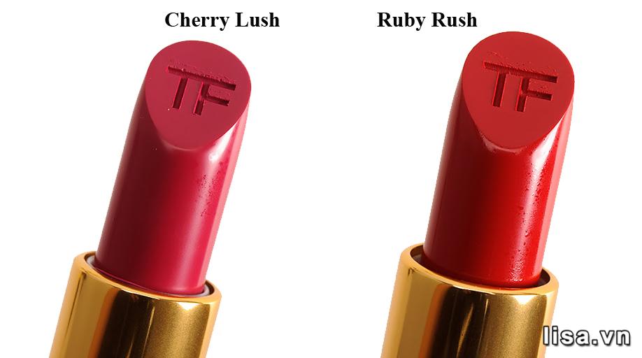Đầu son Tom Ford Ruby Rush và Cherry Lush đều vát nhọn, in logo thương hiệu